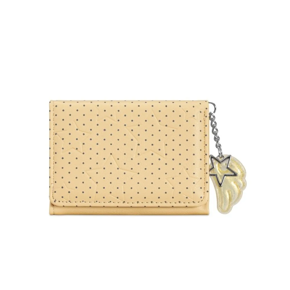 Slim PU Leather Polka Dot Trifold Wallet Star Wing Pendant 5 Card Slots Card Holder ID Window Lightweight Coin Purse Commute