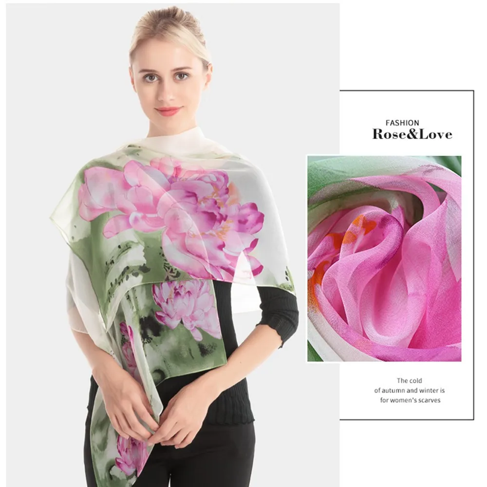 Watercolor Lotus Chiffon Scarf for Women Elegant Floral Print Long Shawl Wrap, Lightweight Georgette Silk Feel Scarves view 6