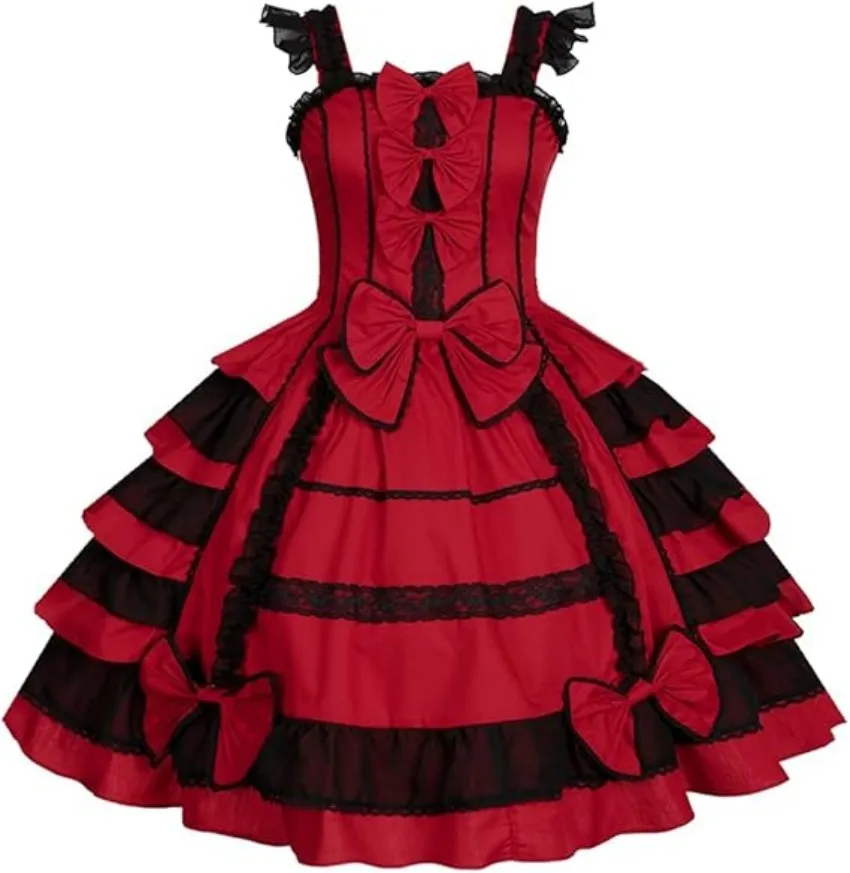 

Cute and sexy ladylike Lolita red multi-layer lace bow dress sleeveless princess dress cosplay customized