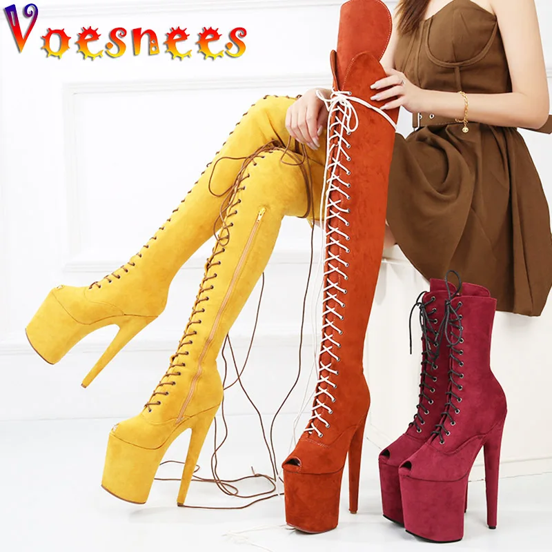 20CM Suede Nightclub Sexy Over-the-Knee Boots Model Catwalk Show Side Zip Peep Toe Shoes Women\'s Platform Pole Dance High Heels