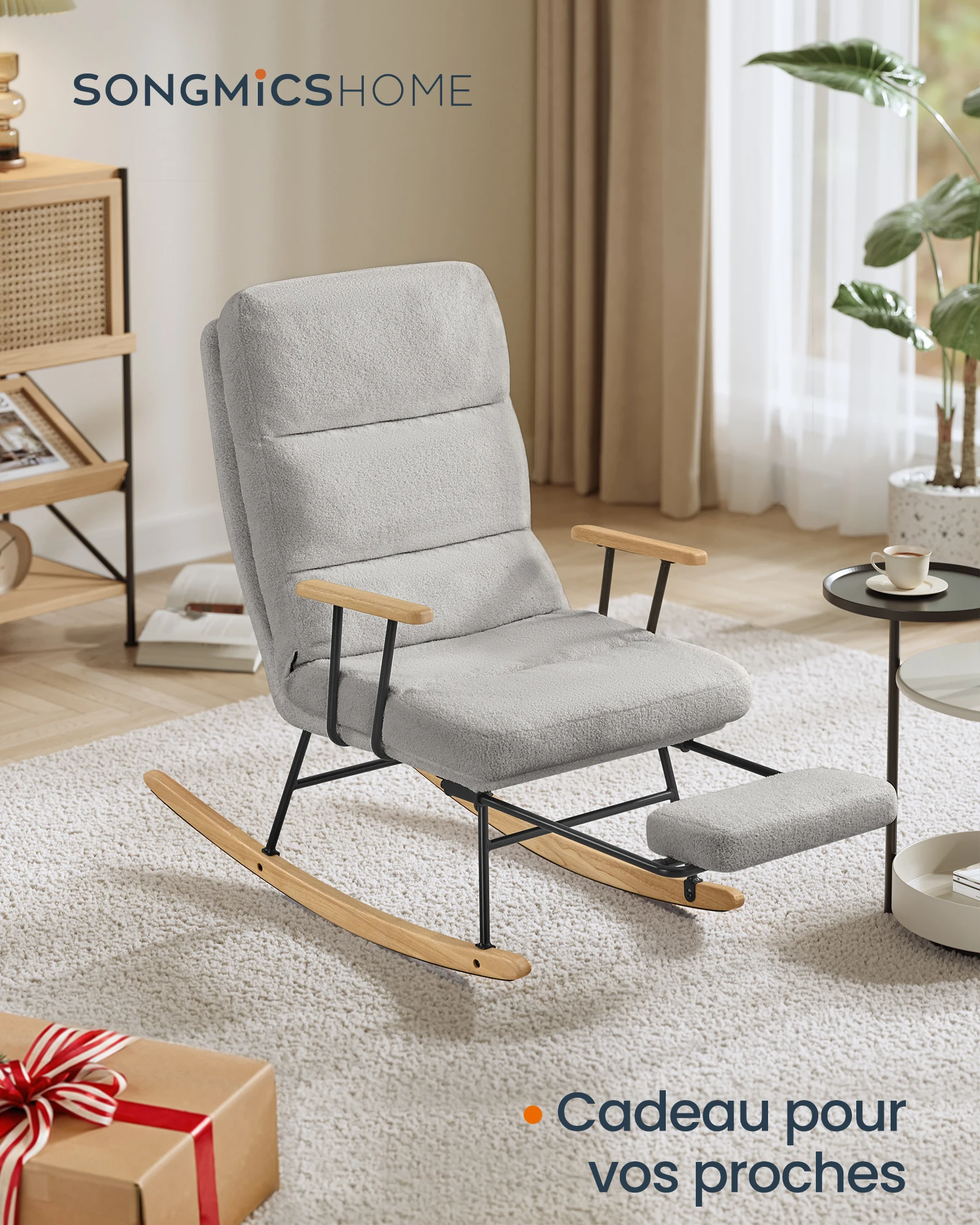 Fauteuil à Bascule, Pieds en Bois d'Hévéa, Tissu Peluche, Chaise à Bascule, Dossier Réglable sur 4 Positions, Supporte jusqu'à 160 kg, pour Chambre, Salon