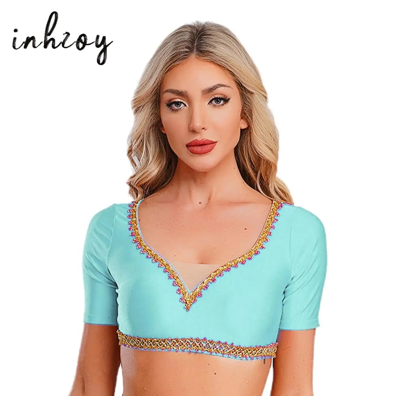 

Womens Belly Dance Top Gold Trim V Neck Short Sleeve Slim-fit Blouse Crop Tops for India Dance Folk Dancewear Ballroom Costume