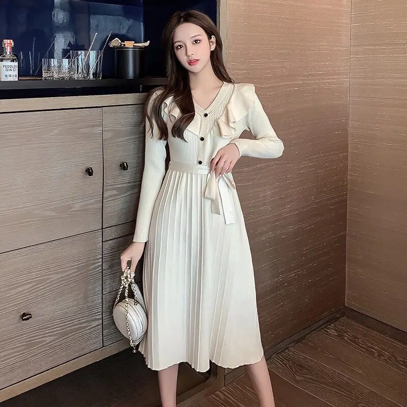 Flounced Edge Pleated Knitting Dresses Women Spring Autumn V-neck Long Sleeve Mid-calf Thicker Slim Fashion Elegant Soft Casual