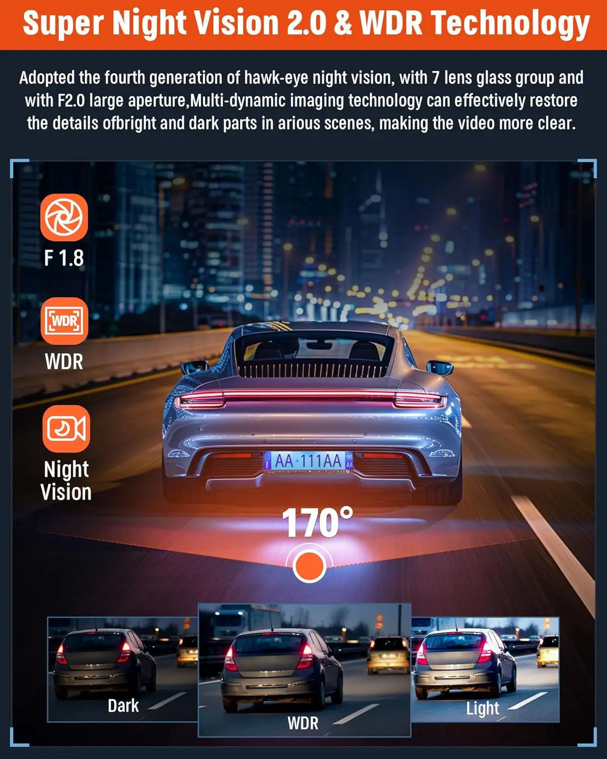 3 Channel Dash Cam Front and Rear Inside, 4K Full UHD Dash Camera for Cars,Car Camera Built-in 32GB Card,WDR,G-Sensor,2.0''IPS H