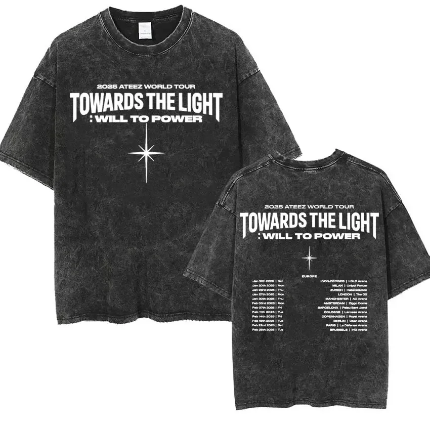 

2025 Ateez World Tour Towards The Light: Will To Power T Shirt Men Women Korean Fashion High Quality Casual Retro Washed T-shirt