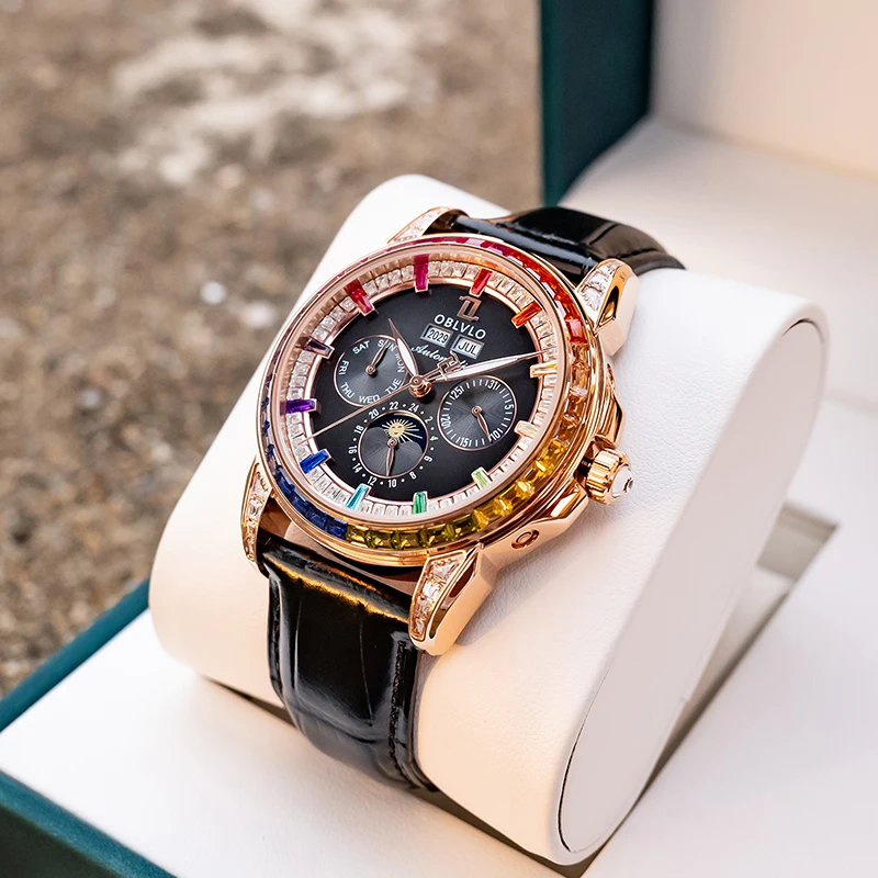 OBLVLO Men Automatic Watch 40mm Mechanical Wristwatch 5ATM Luminous Crystal Bezel Year,Month,Week,Date,24 Hours TY1655 Mov. view 2