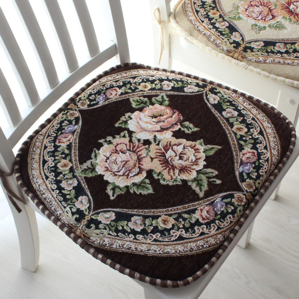 

Stool Pad Chenille Dining Chair Cushion Floral Pattern Vintage Seat Mat Non-slip Detachable Embroidered Chair Mat Living Room