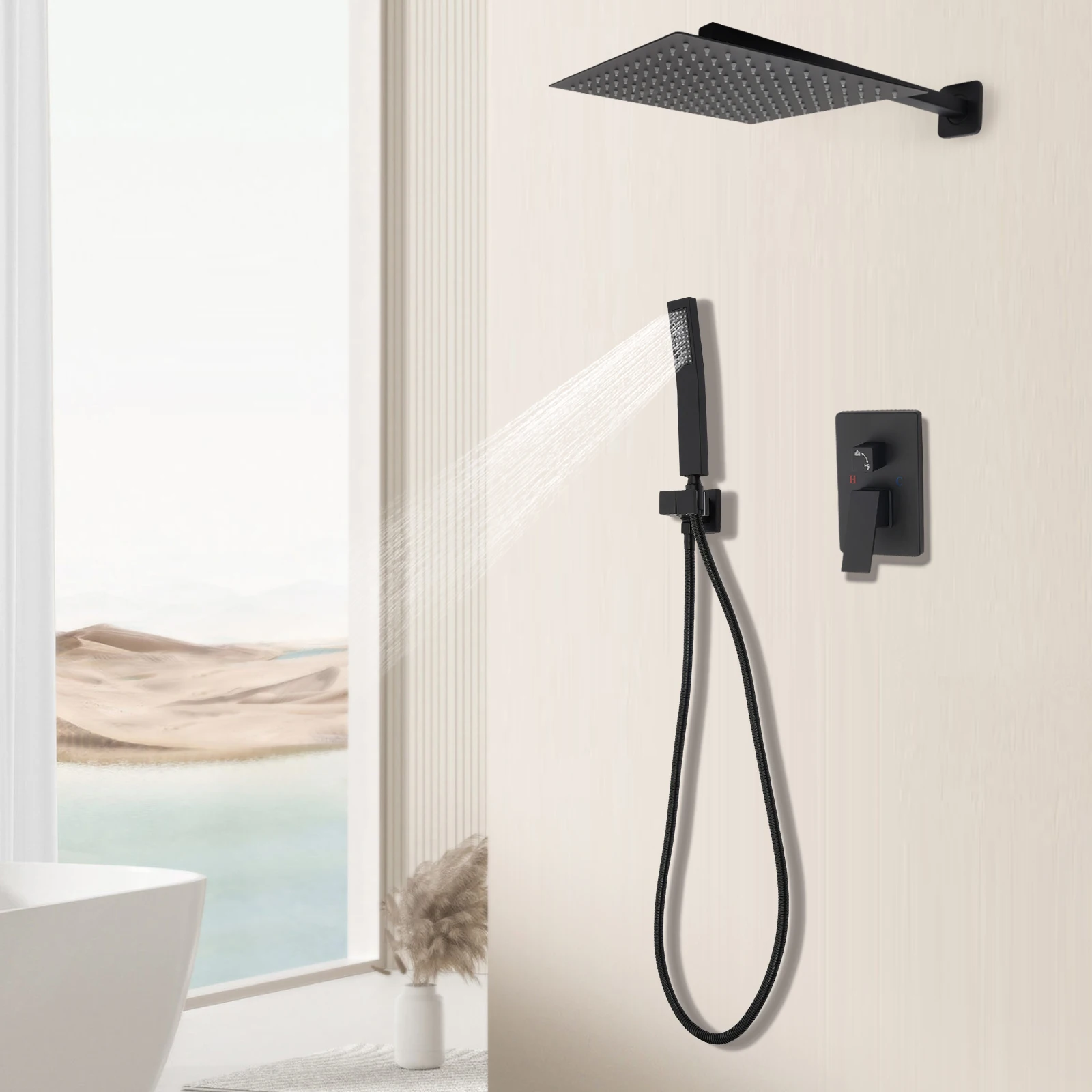 Modern Square Wall-mounted Brass Stainless Steel Shower Set G1/2 Height Adjustable Black 2 Handles