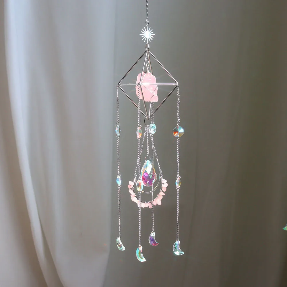 Custom Silver Geometric Frame Raw Rose Quartz Crystal Cluster Sun Catcher - Glass Pendants Hanging Ornament for Window Decor