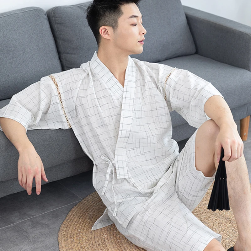 Homens verão japonês quimono conjunto meia manga shorts terno listrado cor sólida pijamas spa sauna banho wear coreano casual pijamas