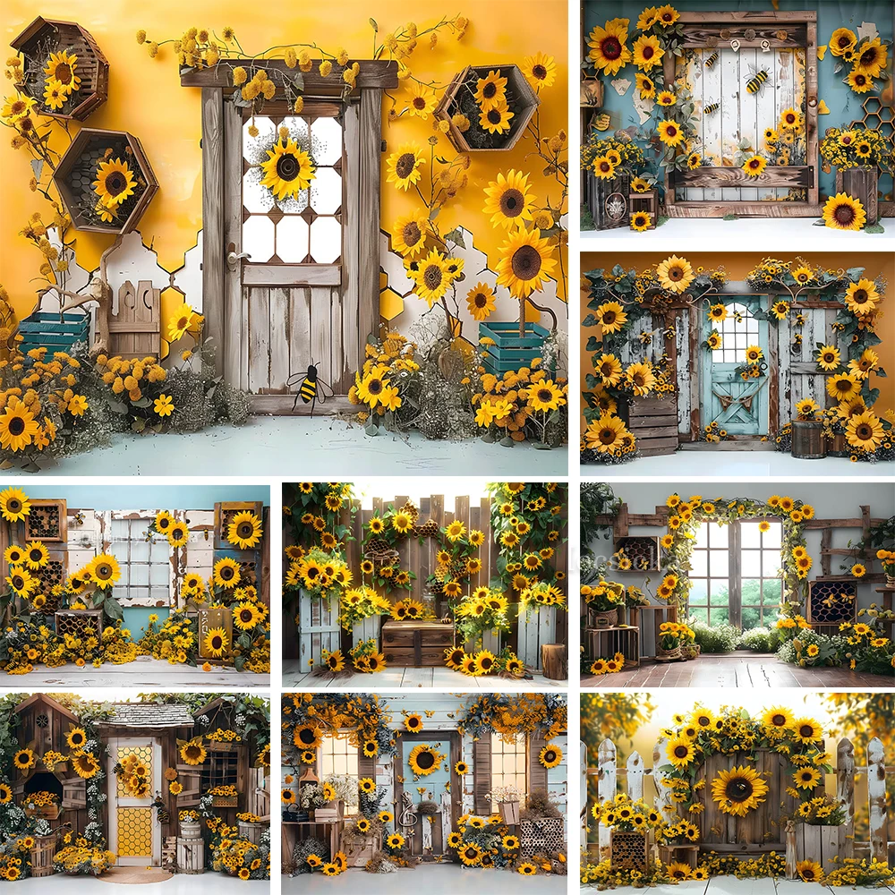 Summer Sunflower Girl 1st Birthday Background Photography Studio Sweet Bee Baby Show Cake Smash Backdrop Wooden Door Decor Booth