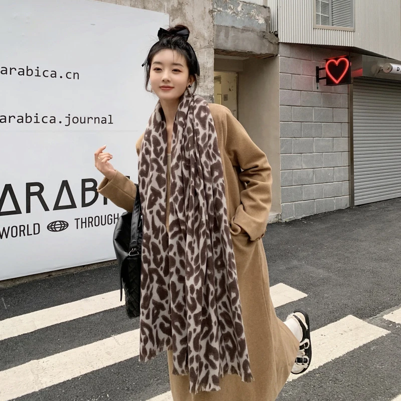 Elegant Scarf For Women Imitation Cashmere Vintage Wild Leopard Winter Double Sided Warm Female Thick Blanket Long Wrap Shawl