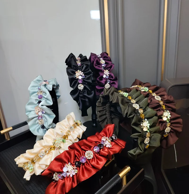 French Pleated Ruffles Satin Hair Hoop Colorful Diamonds Headbands Wide Hair Bands Women Hair Accessories and Headwear