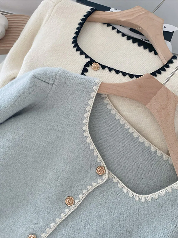 2023 Autumn Winter Office Lady Cardigans Single Breasted Square Collar Cozy Sweater Knitted New Fashion Casual Luxury Outerwear