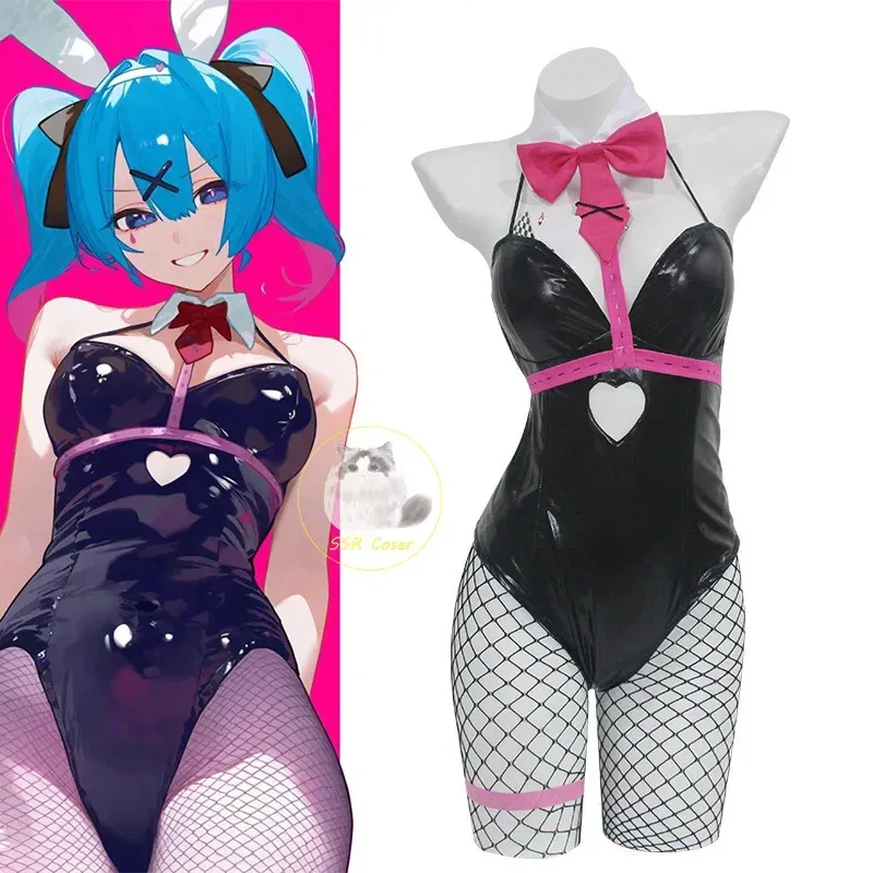dd12Miku أرنب حفرة شعر مستعار أسود براءات الاختراع والجلود الأرنب فتاة مثير لطيف زي هالوين تنكري أغطية الرأس الملابس الانحناء Gi