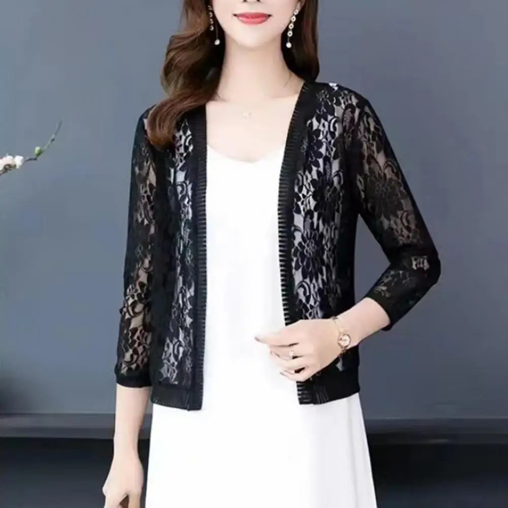 Trendy Lightweight Ladies Summer Top Cover Up Solid Color Breathable Women Casual Lace Cardigan Womenswear