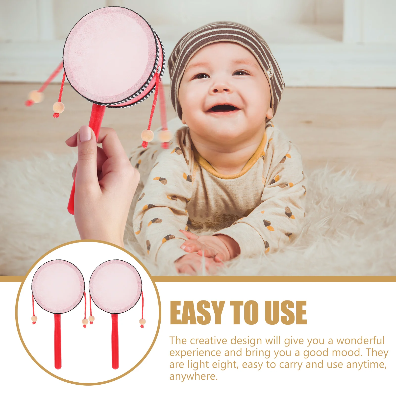 

2 Pcs Drum shaped Rattles Kids Musical Instruments Wooden Educational Toys Toddlers Early Learning Colorful Sound