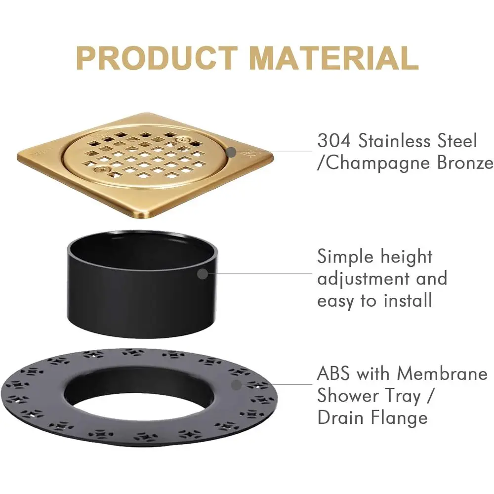 Kit de Grelha de Drenagem de Chuveiro em Bronze de 4 Polegadas com Colar Ajustável e Ralo de Chão Quadrado Removível, Compatível com o Sistema Kerdi Drain