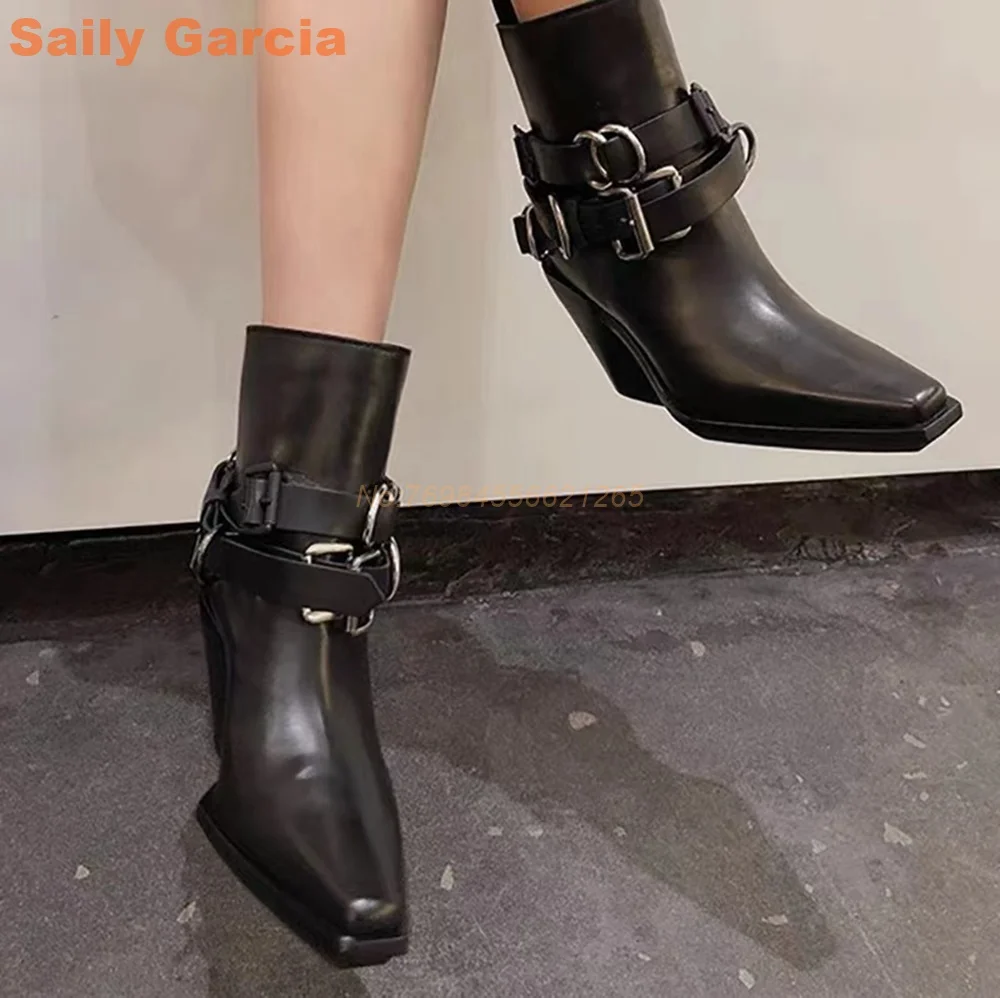 

Wedge Straps Punk Boots Black Metal Belt Buckle Pointed toe Women's Ankle Boots Daily Fashion Winter 2024 Leather Irregular Sole