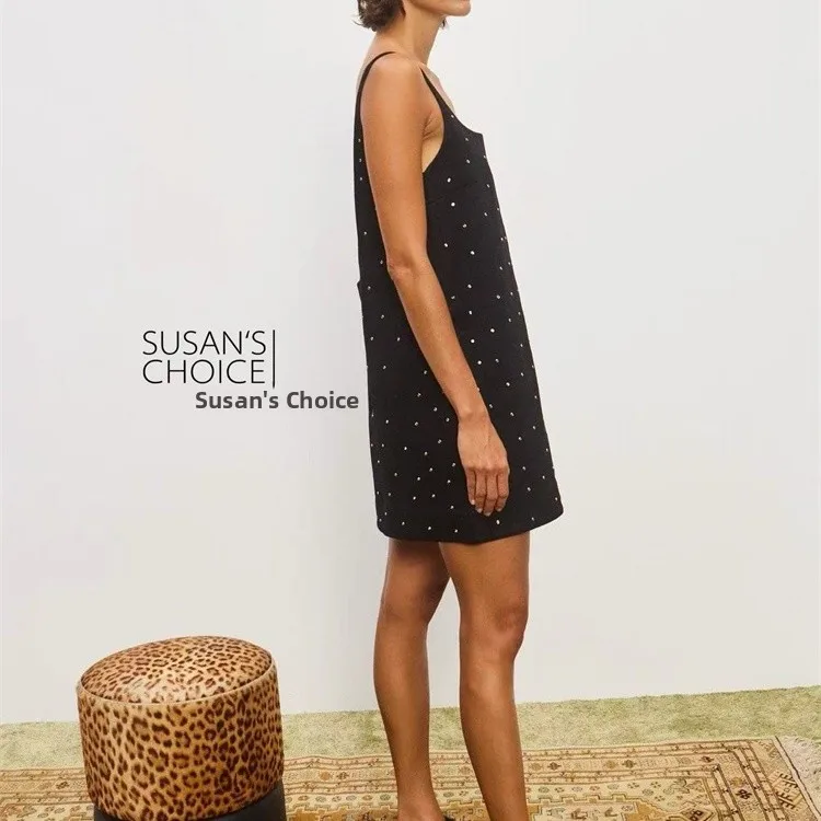 スーザン ブラック クリスタル装飾デニムベストドレス ショート丈 ストラップレス ホリデースタイル レディースファッション カジュアル サマードレス