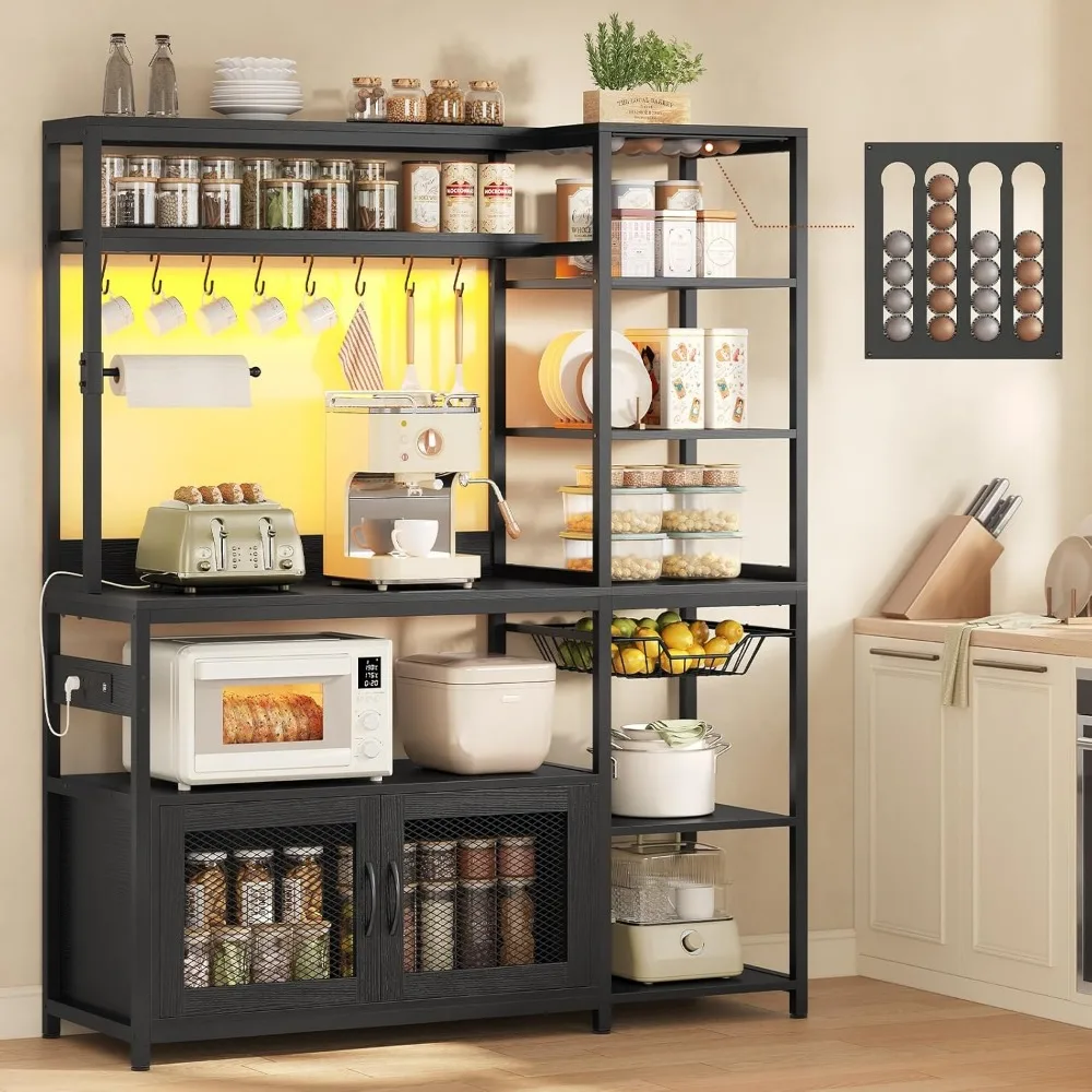 

47.2 in Bakers Rack with Power Outlet & LED Light, Coffee Bar with Coffee Pod Holder for Vetuo, Kitchen Microwave Stand with Sto