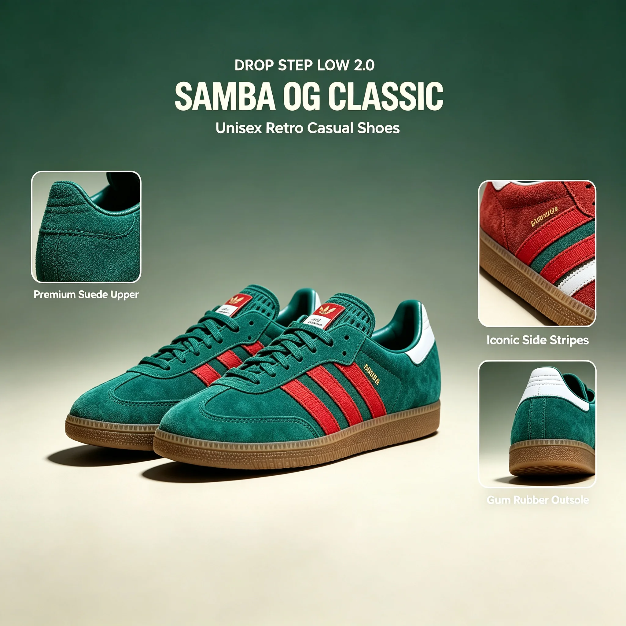 Official Adidas Genuine X FIFA World Cup 2026 SAMBA OG  IH6829 Skateboard Shoes Dark Green Suede Leather Gum Sole Retro Sneakers