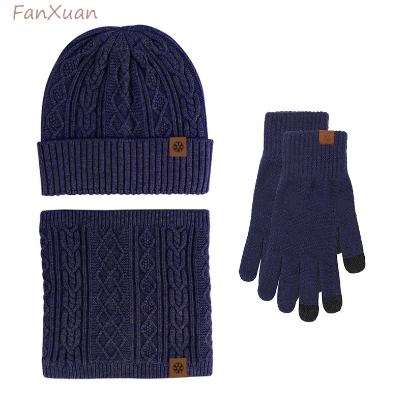 3pcs set men and women Winter Beanies Gloves Snood Fleece Lined short Scarves knitted winter hats solid color