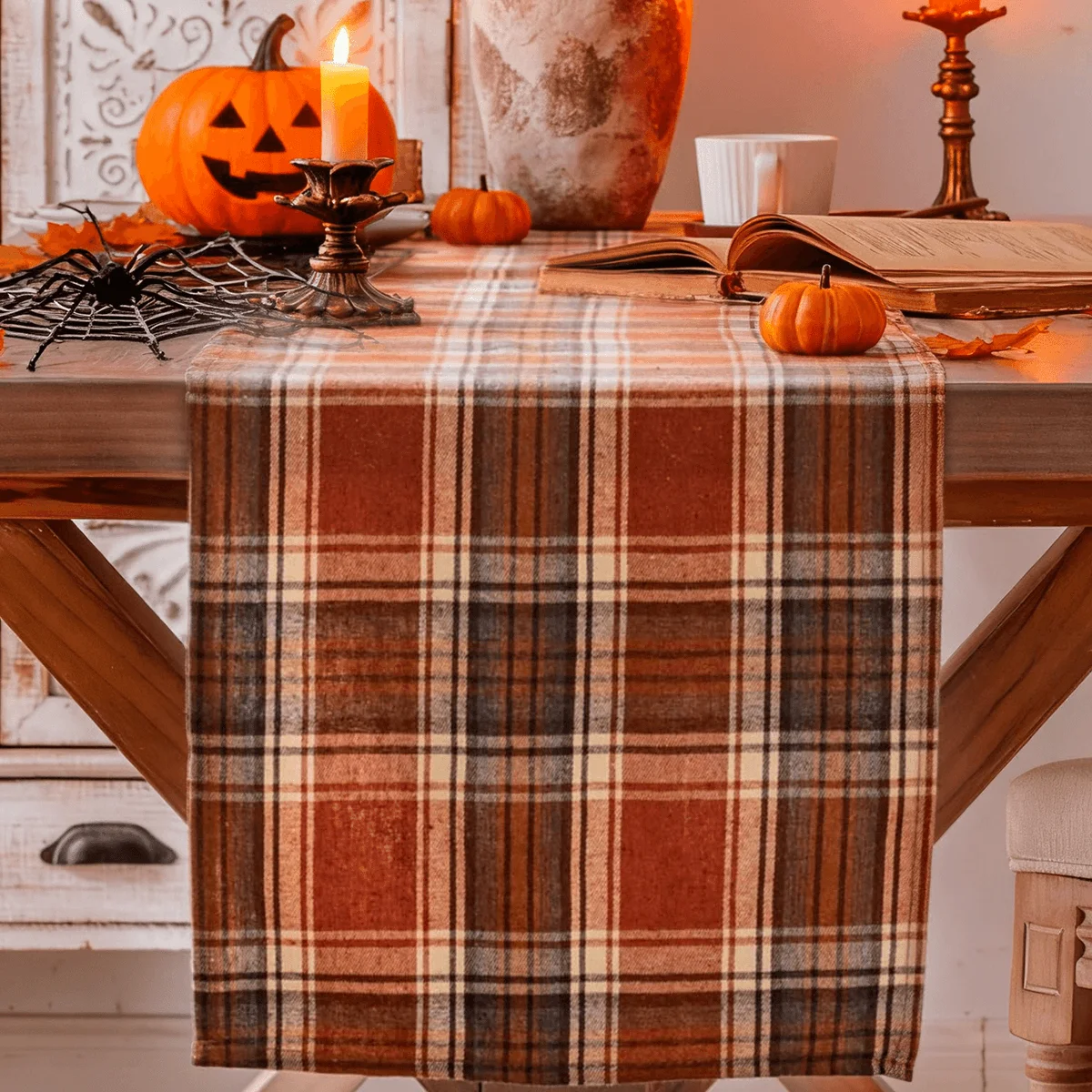 Halloween-Herbst- und Winter-Vintage-Tischläufer mit orange-rotem Karomuster, geeignet für Bankettpartys, Esstische und alltägliches Zuhause