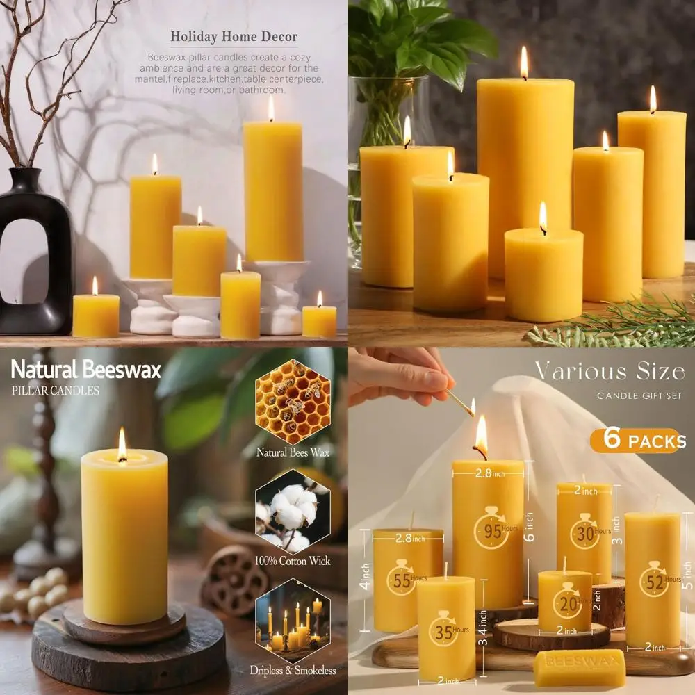 

Natural Beeswax Candles Set of 6, Handmade Beeswax Pillar Candles Set, 6 Sizes, 100% Pure Unscented Bees Wax Candle, Honey Aroma