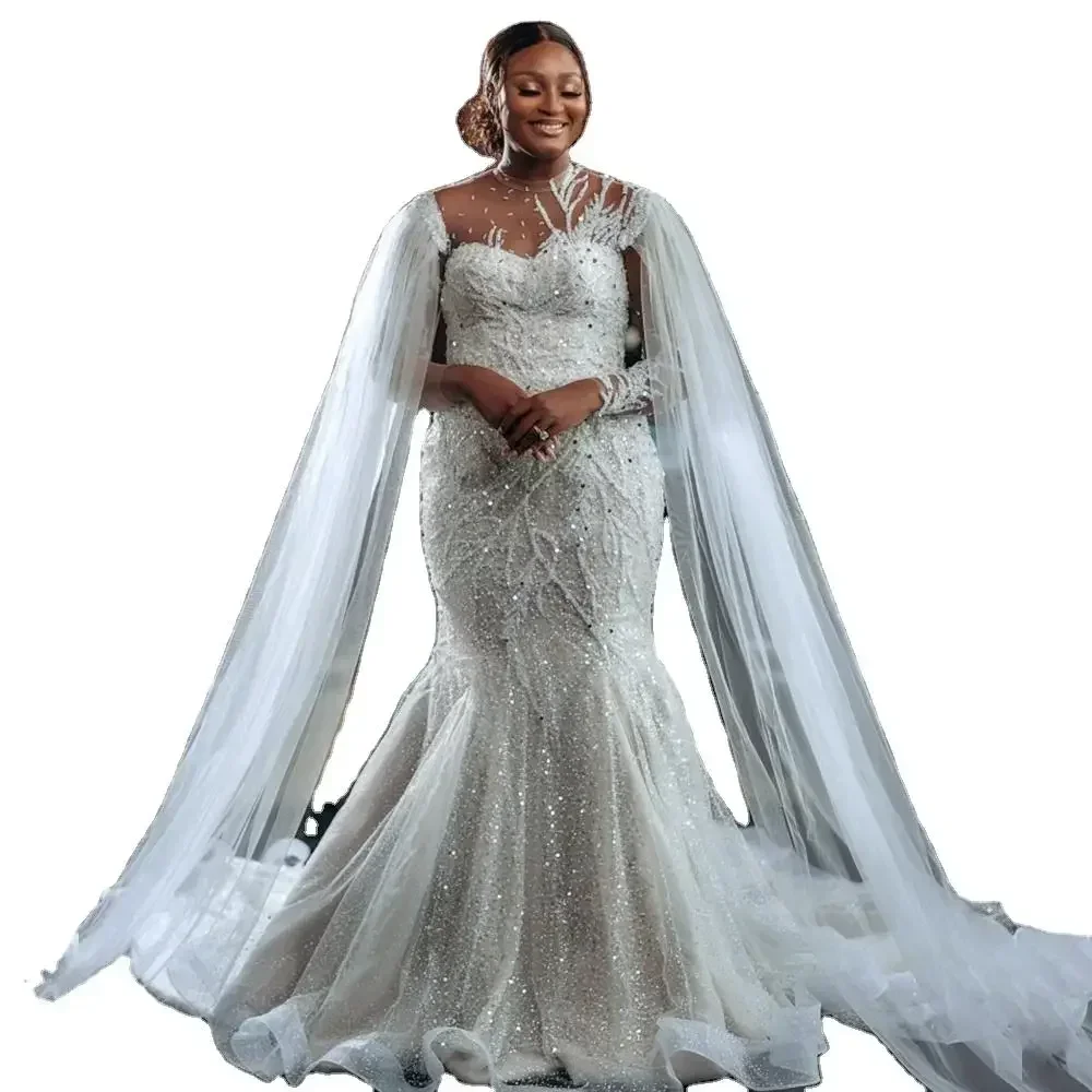 

Customized Cape Long Sleeves Beaded Mermaid Bride Dress High Neck African Custom Made Bride Bridal Wedding Dresses