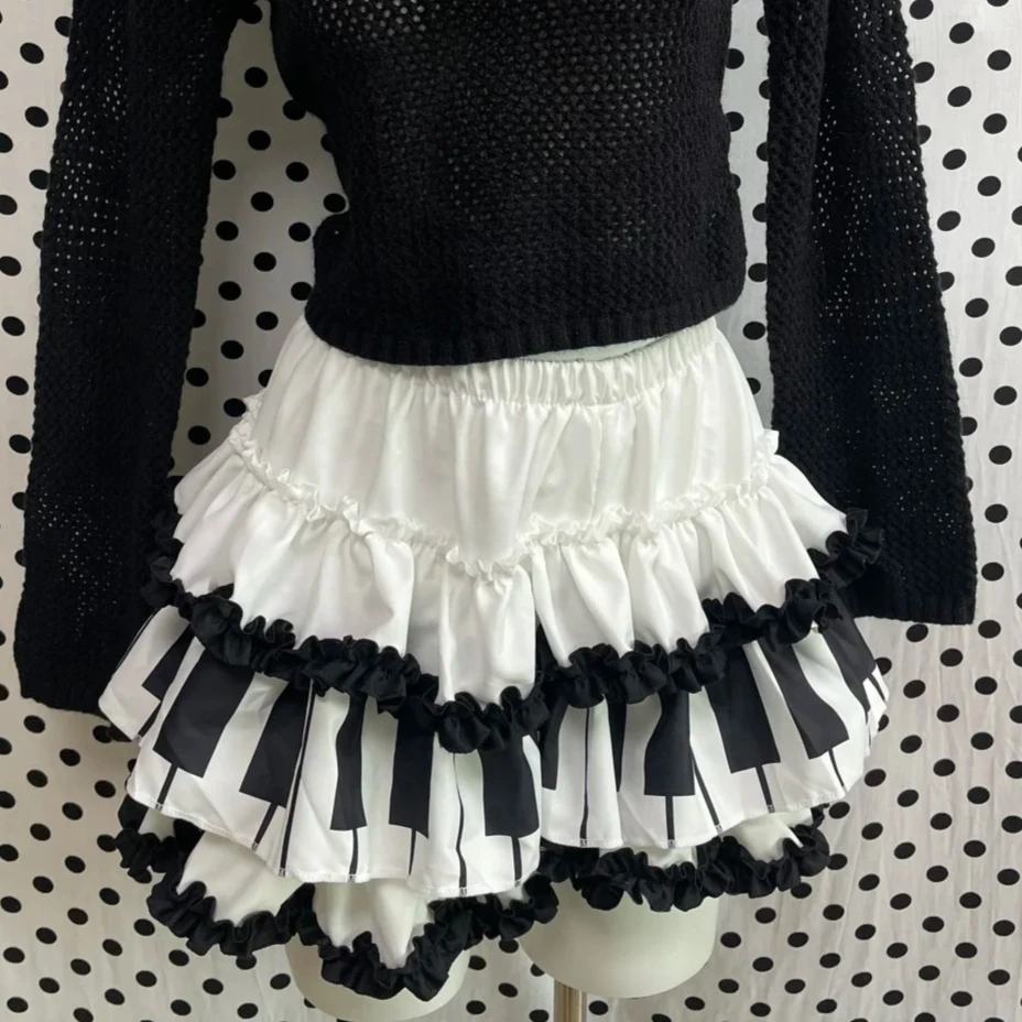 Minifalda con estampado de piano, falda con volantes escalonados, informal para mujer, cintura elástica, contraste blanco y negro, estilo subcultura, verano