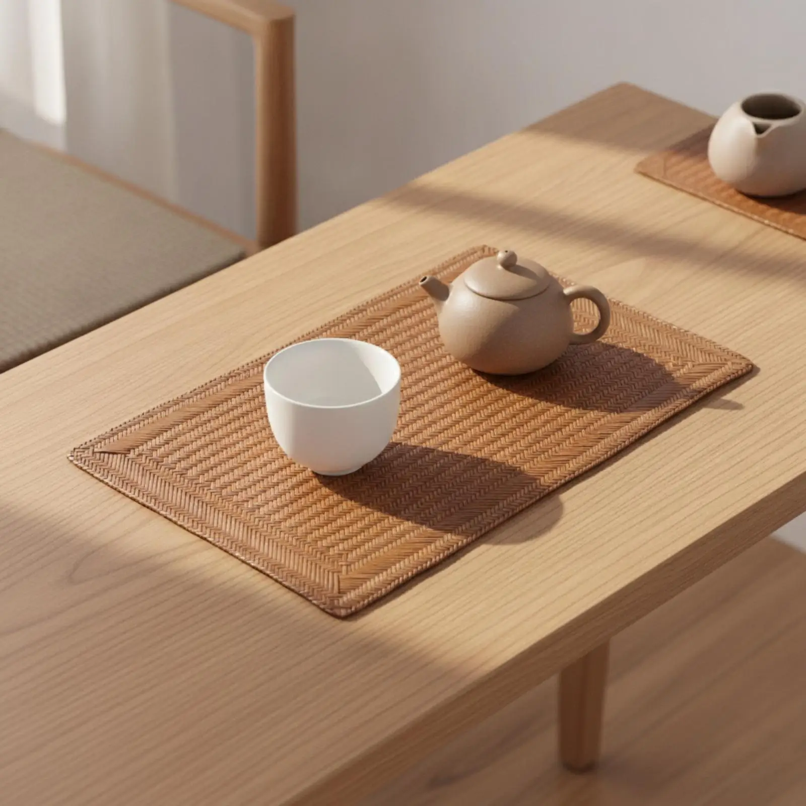 Natural Bamboo Woven Craft Pad Rectangular Tea Mat with Xiangyunsha Trim for Hot Teaware Protection on Wood Table