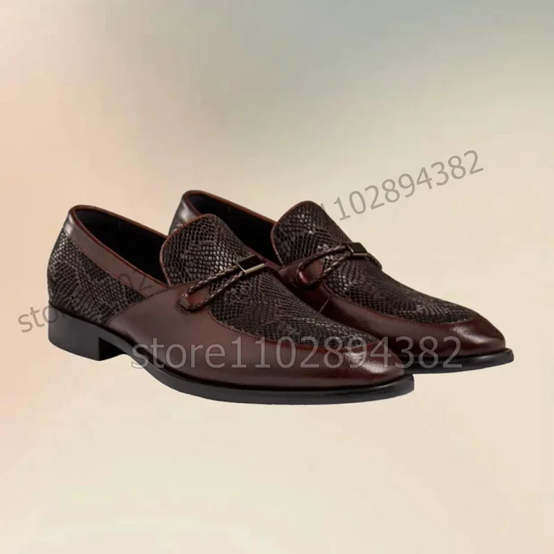

Burgandy Snakeskin Print Knitted Leather Rope Decor Loafers Fashion Slip On Men Shoes Luxurious Handmade Party Men Casual Shoes