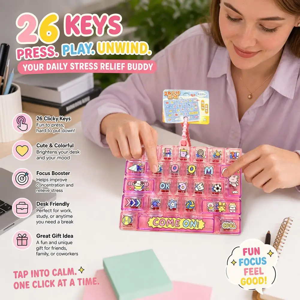 Stress Relief 26‑Key Fidget Keyboard Toy Portable Mechanical Clicker Sensory Anti‑Anxiety Fidget Gadget With Lanyard