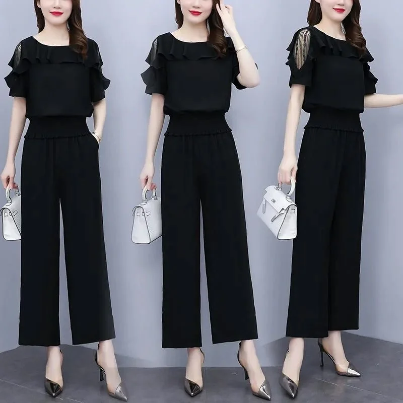 Szyfonowe spodnie damskie z szerokimi nogawkami 2024 Summer New Fashion Slim Corp Tops Ankle-Length Trousers Two Piece Set For Women Clothes