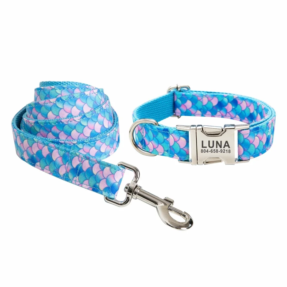 Personalized Dog Collar Customized Pet Collars Free Engraving ID Nameplate Tag Pet Accessory Mermaid Puppy Collars Leash