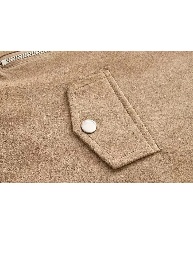 HH المرأة 2025 الخريف موضة جديدة الجلد المدبوغ الملمس تأثير دراجة نارية معطف الإناث شارع العليا عادية سستة جيب سترة Mujer