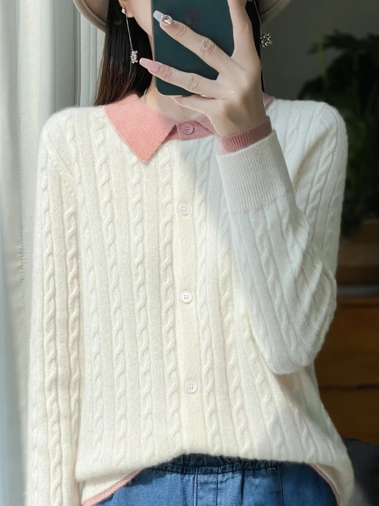 Daily Autumn Winter Sweater Women Cardigan 100% Merino Wool Sweater Cashmere Clothes Twist Flower Lapel Fake Two Pieces Knitwear