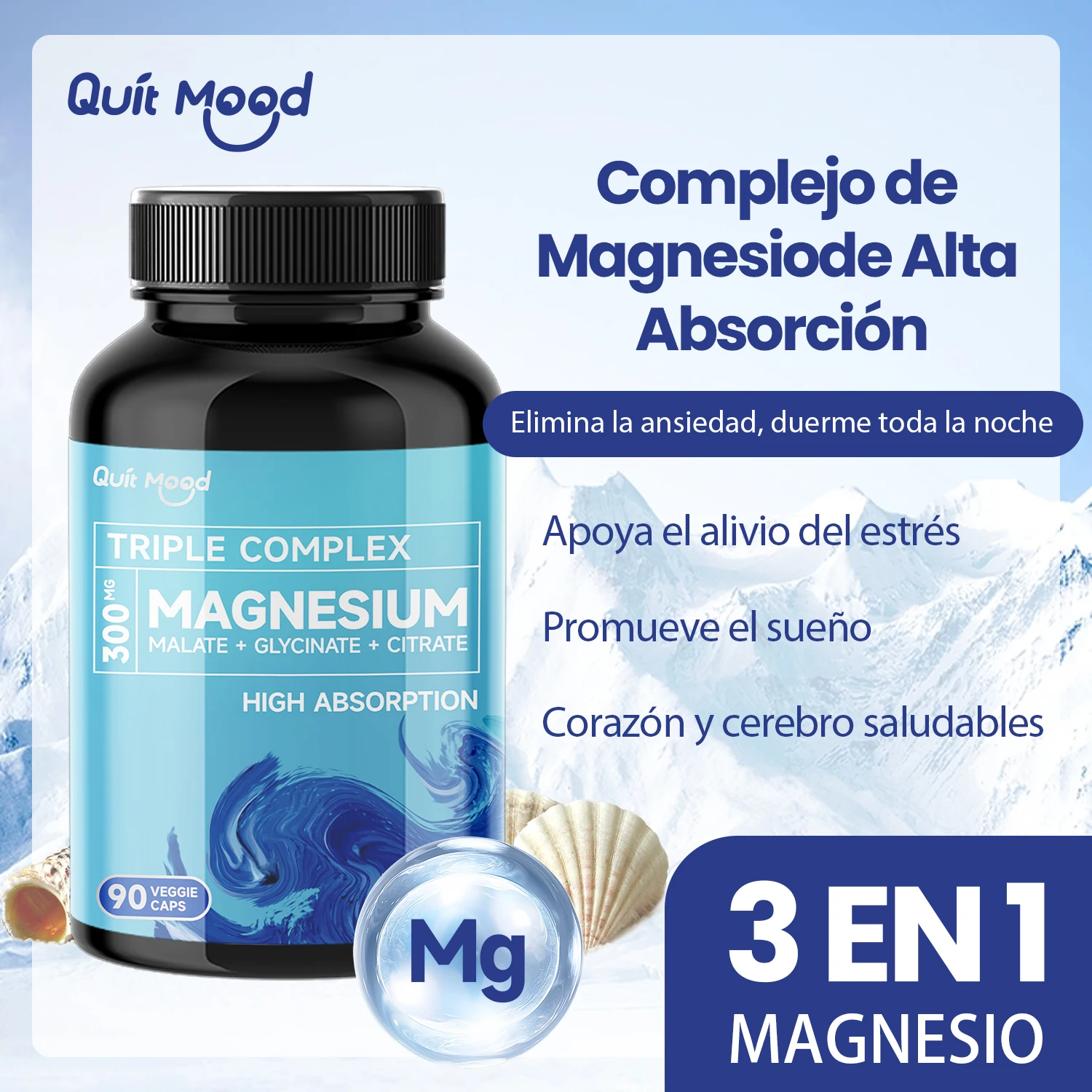 Quitmood Triple Magnesium Complex - 300Mg Glycinate+Malate+Citrate Mg - دعم العضلات والأعصاب والطاقة - امتصاص عالي