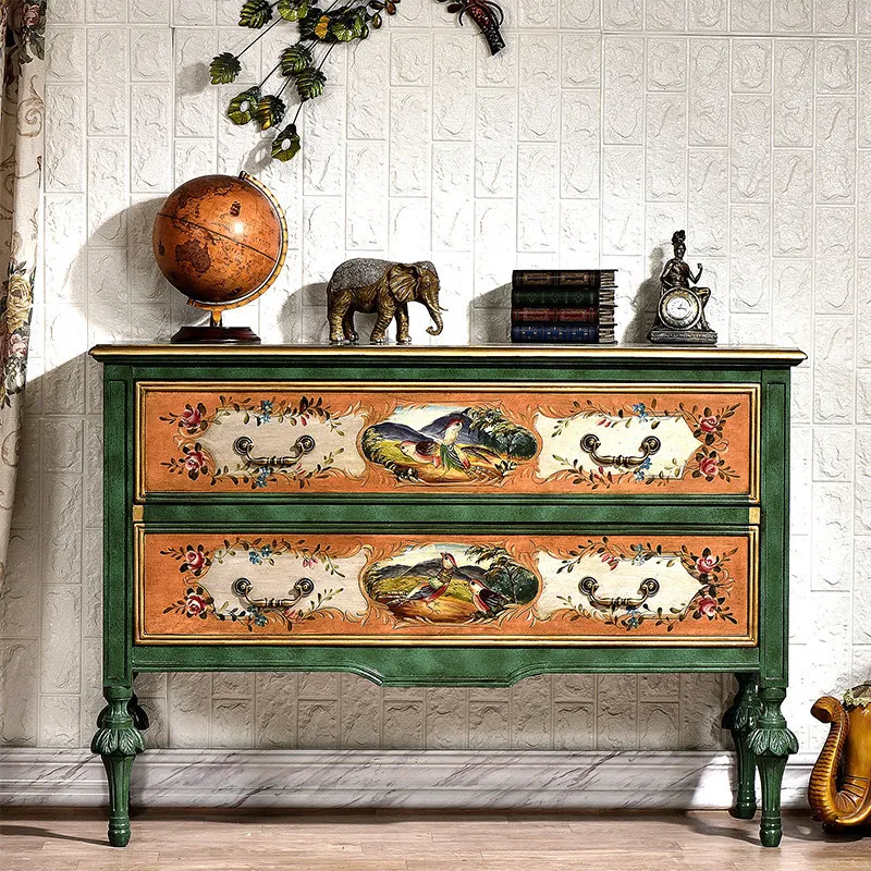 painted entrance cabinet, American rural solid wood dining side cabinet, hand-painted flower and bird old decorative locker