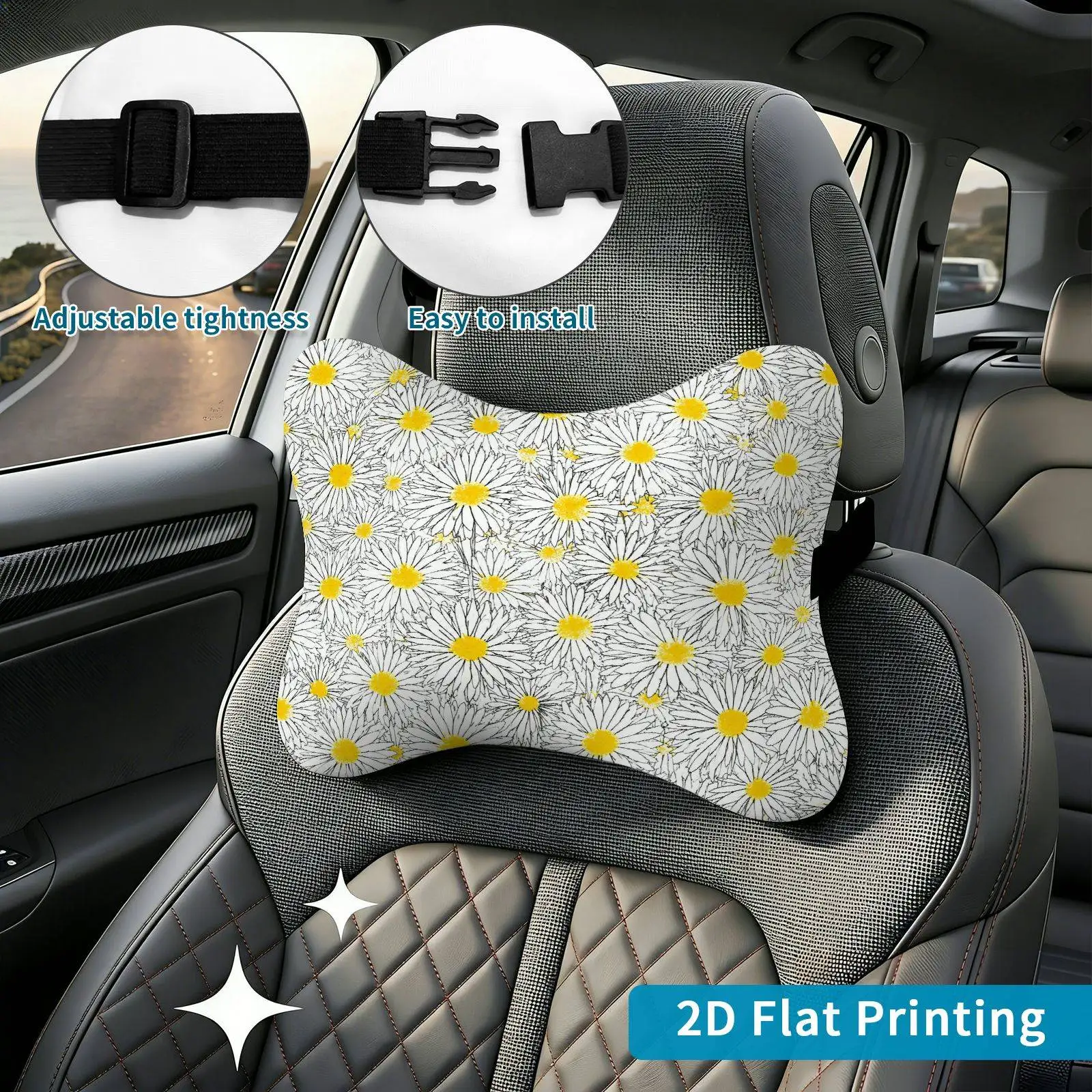 2pcs Floral Daisy Pattern Car Seat Headrest, Neck Support Cushion, Suitable For All Seasons Of Car Accessories, Daisy Theme, Tra