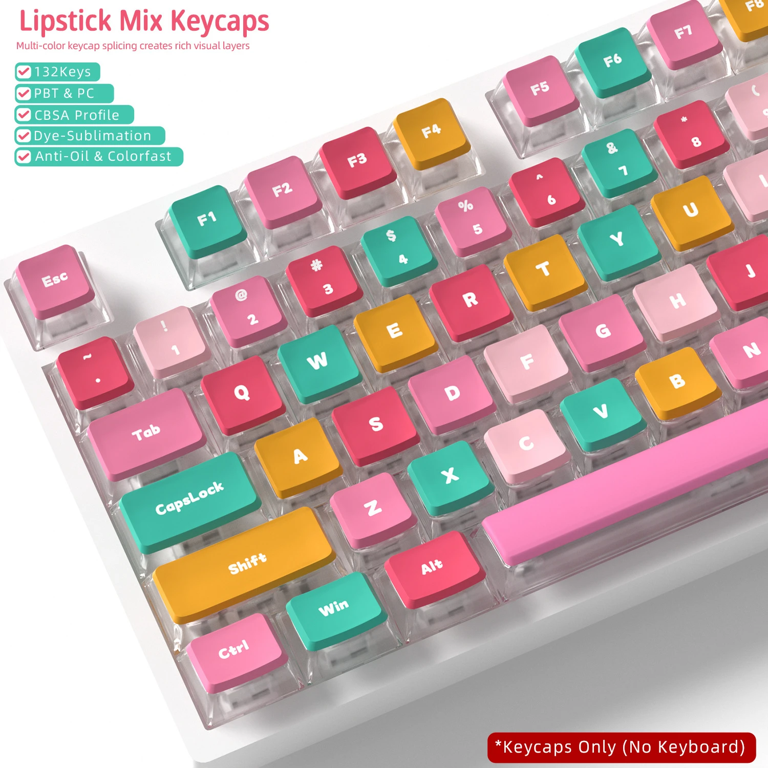 Lipstick Mix Four-Sided Backlight Keycaps 132 Key PBT+PC Material CBSA Profile For MX Switch Mechanical Keyboard ISO ANSI Layout
