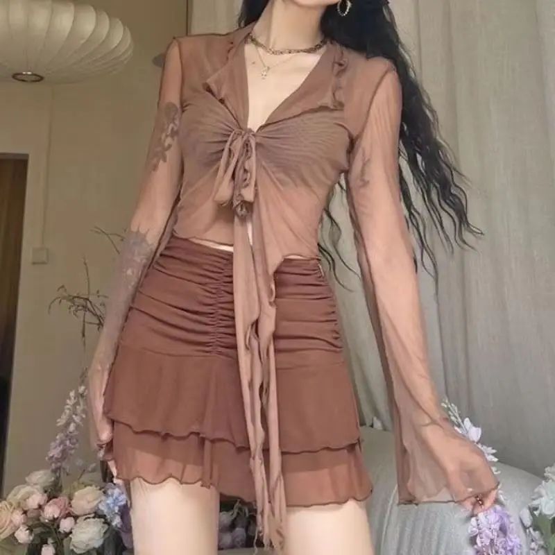 

Y2K Korean Fashion Women Long Flare Sleeve Blouse Lace-Up Mesh Sexy Sweet Hot Girl Solid Design Elegant Casual All-Match Top