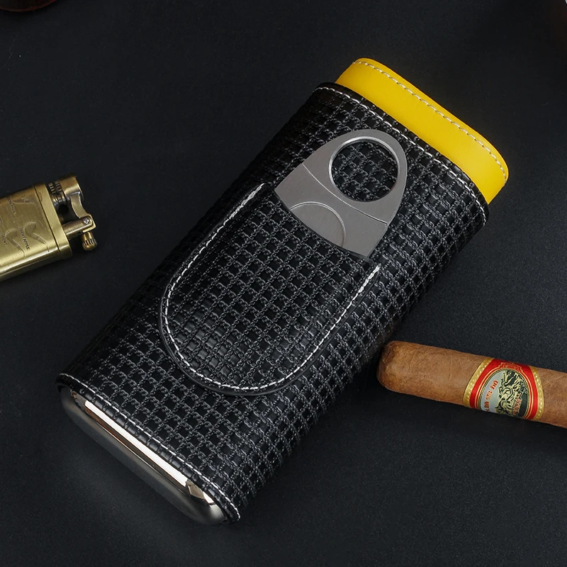 Cigar Case Portable 3fingers PU Leather Cigar Box Outdoor Travel Humidor Storage Case Cigar Tube With Cutter
