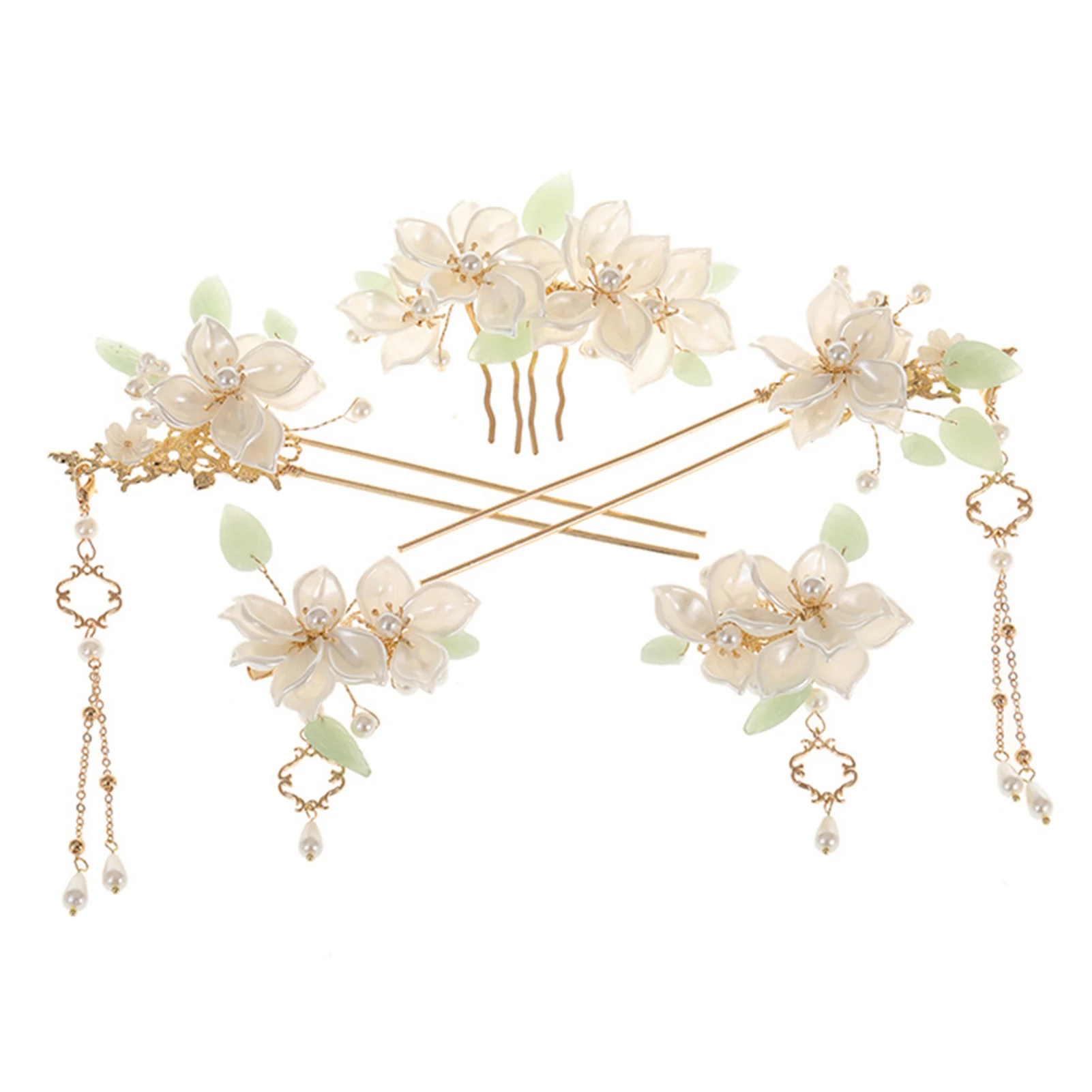 Chinese Ancient Hair Accessories Set for Women Hanfu Style Pearl Flower Hairpins Tassel Hair Sticks Comb Women Hair Jewelry