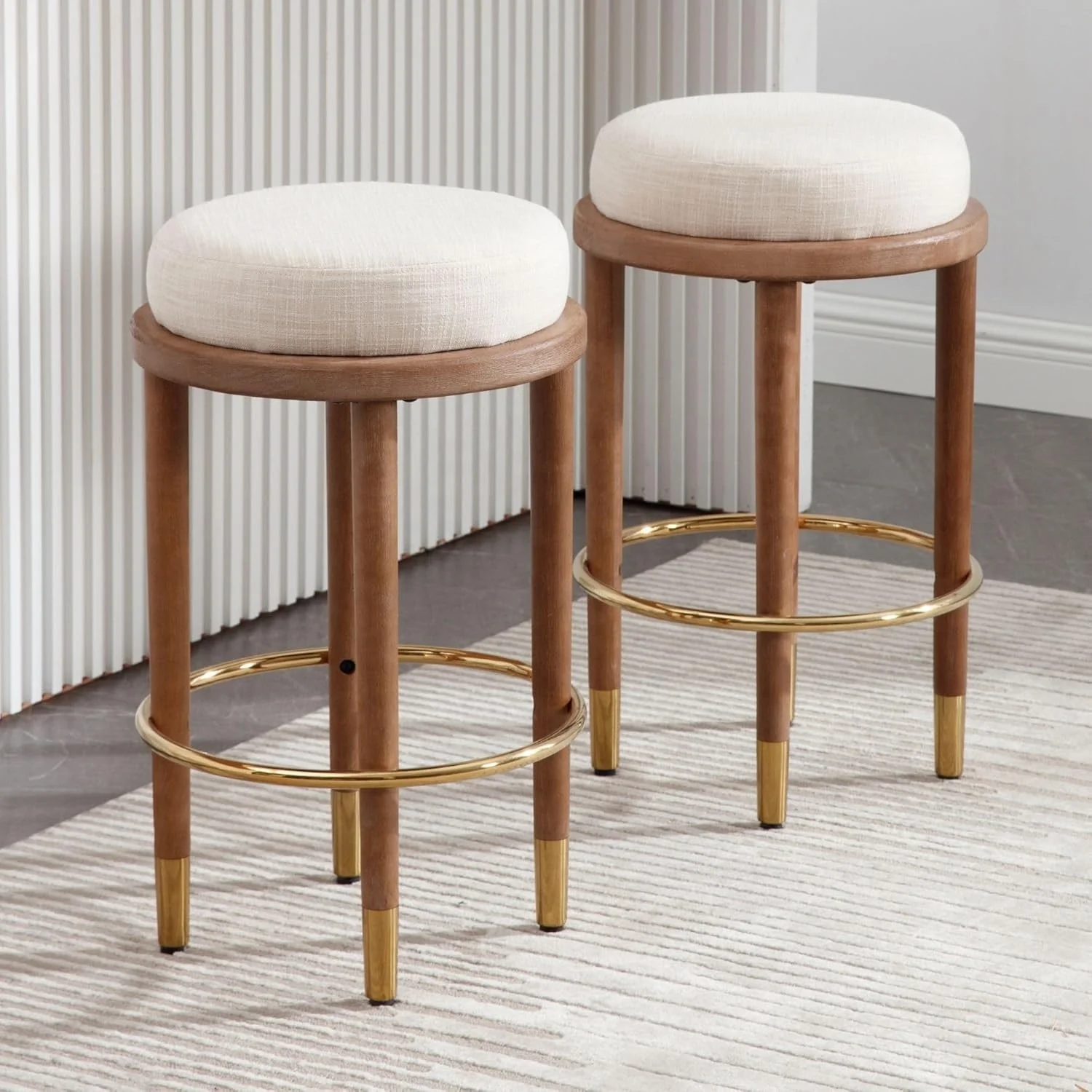 Rustic Modern Farmhouse Bar Stools Solid Wood Natural Linen Upholstered Gold Metal Footrest Beige Backless Counter