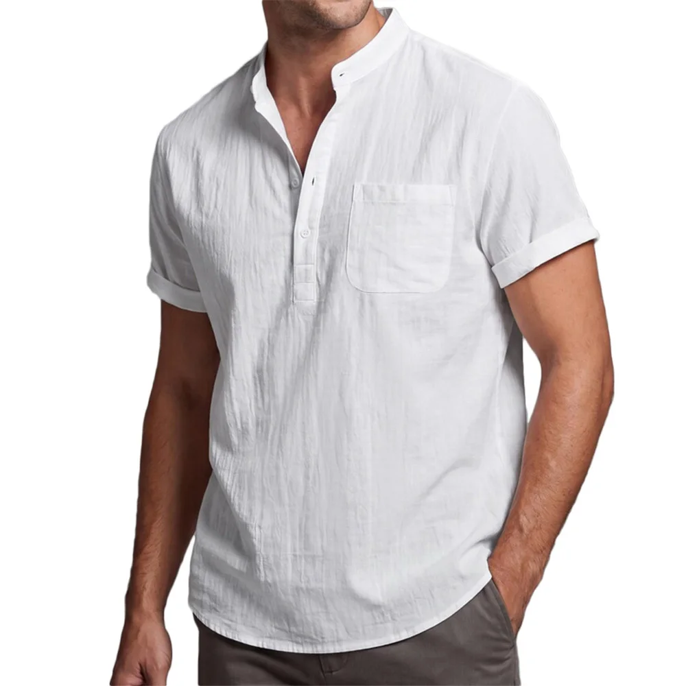 Sommer Herren Baumwoll-Leinen T-Shirt Kurzarm Einfarbig Leicht Atmungsaktiv Einfacher Stil Lässiger Henley-Ausschnitt Alltagskleidung