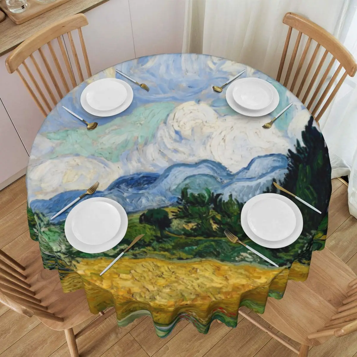 Customized Round Wheat Field With Cypresses Tablecloth Waterproof Oil-Proof Table Covers 60 inches Vincent Van Gogh Table Cloth