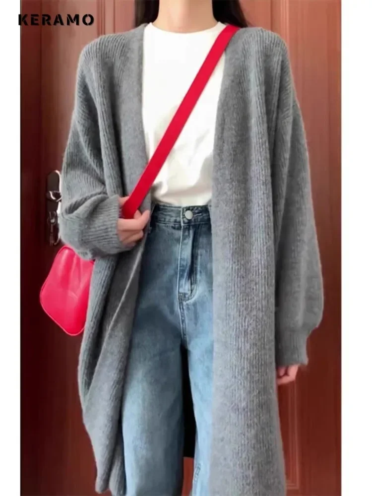 Women Chic Style Solid Color Knitting Long Sleeve X-long Cardigans 2024 Winter Fashion Casual Oversized Simple Warm Sweater