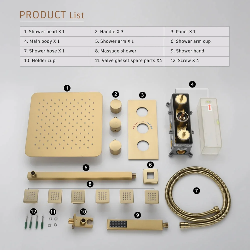 12 Inch Brushed Concealed Wall-mounted Constant Temperature Three-function Body Shower Head Handheld Rain Hotel